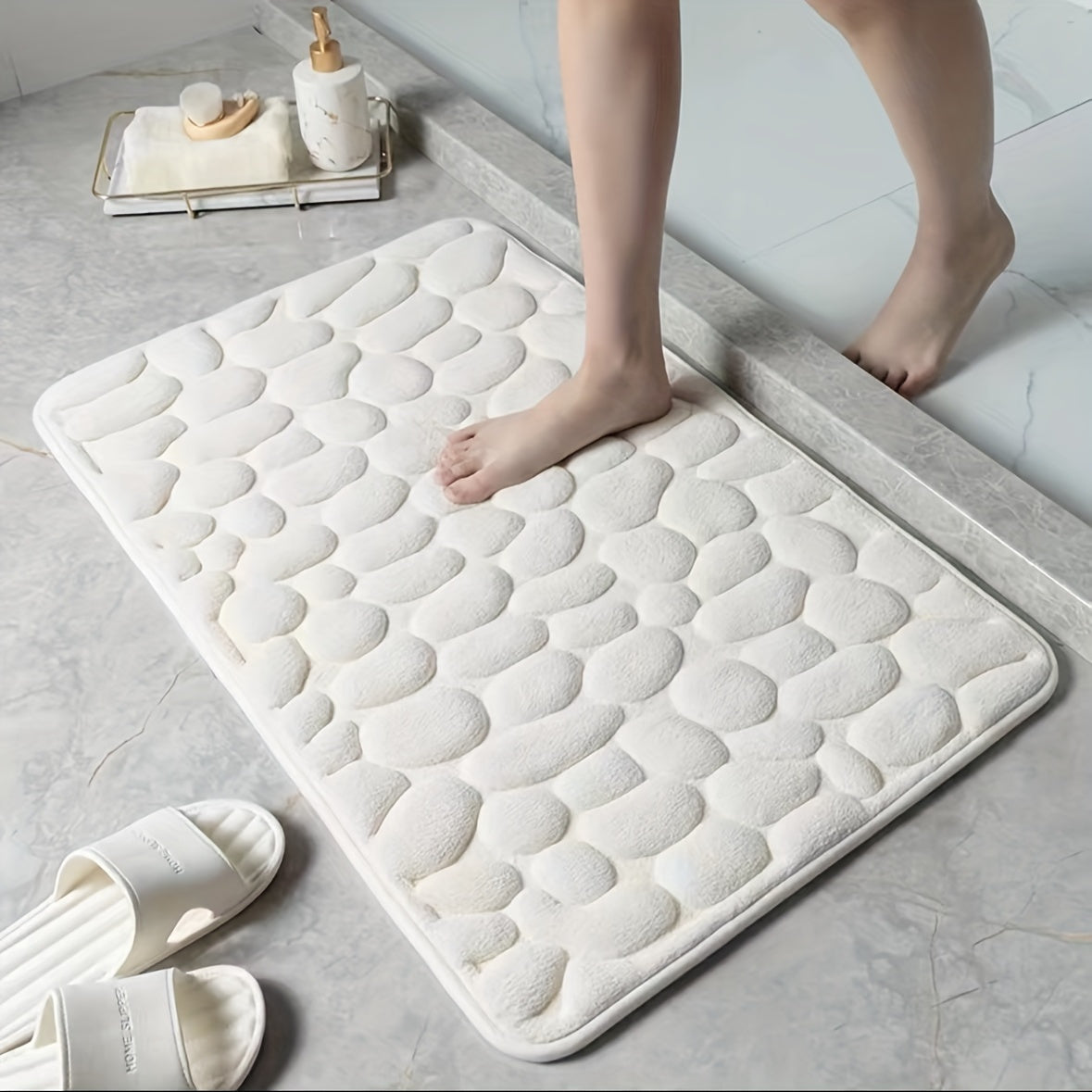 Pebble Pattern Non-Slip Absorbent Polyester Foot Mat for Bathroom Kitchen Bedroom