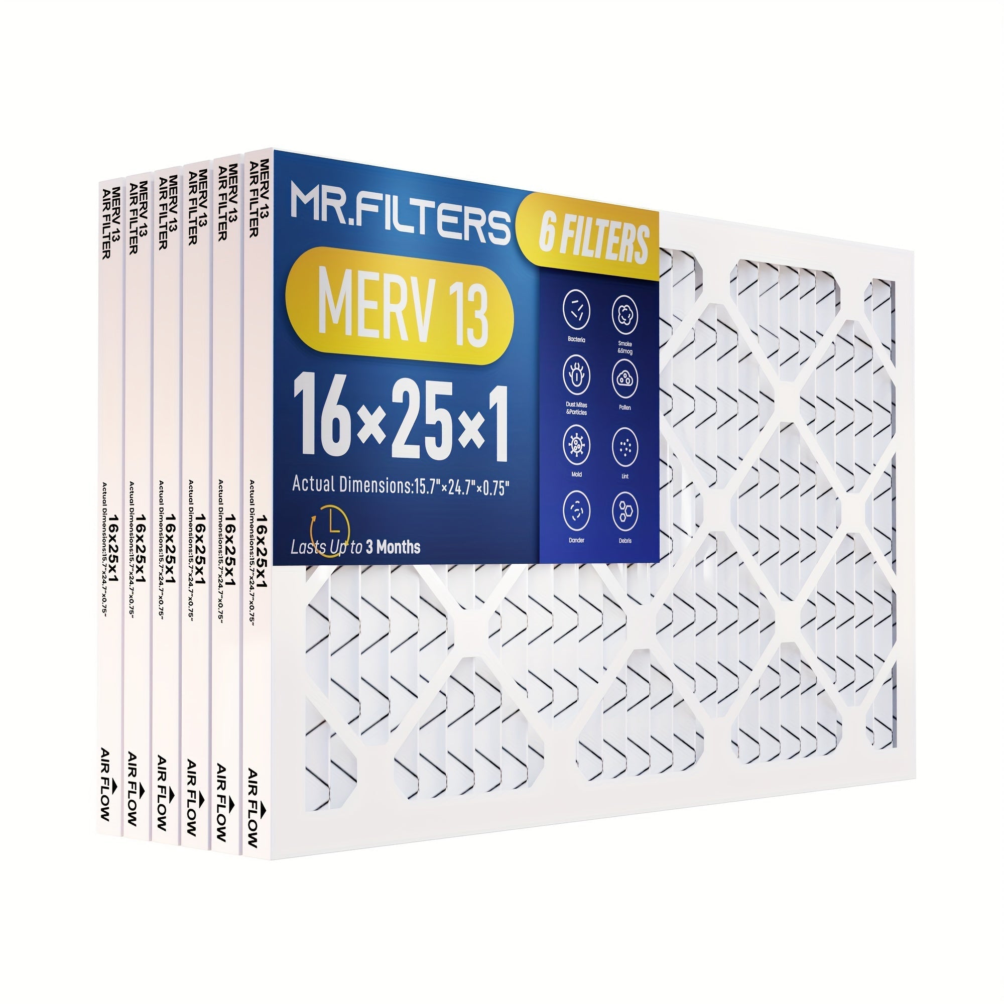 Six Pack 16x25x1 MERV 13 Pleated Air Filters for AC Furnace HVAC