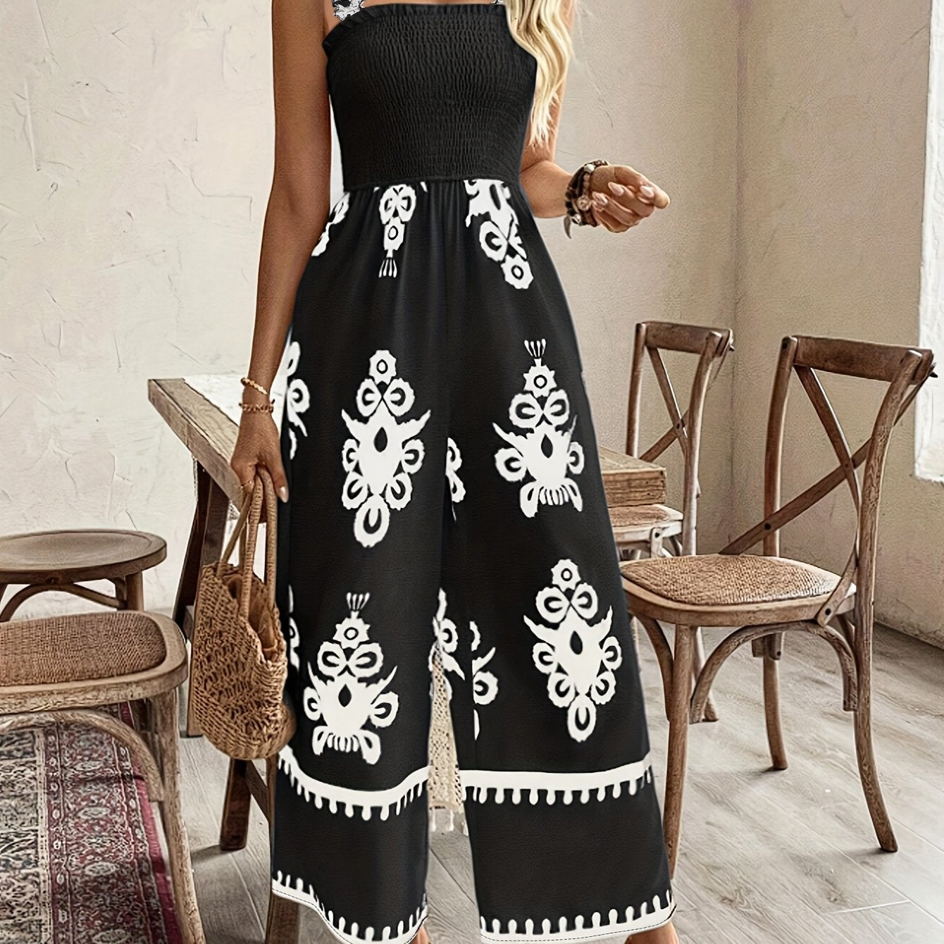 Women's Plus Size Sleeveless Floral Print Jumpsuit with Wide-Leg Pants