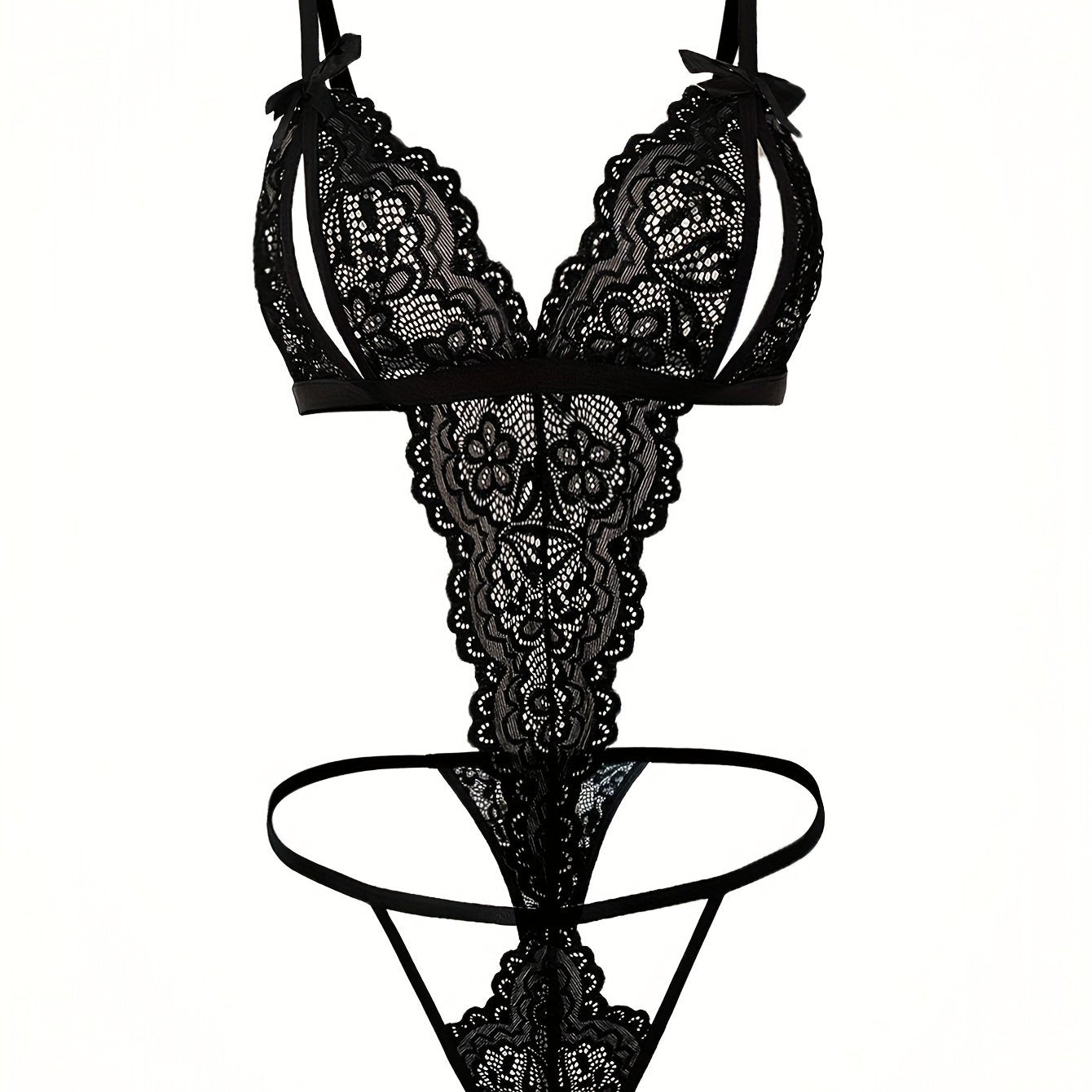 Backless Lace Bodysuit with Bow and Open Crotch Lingerie Set
