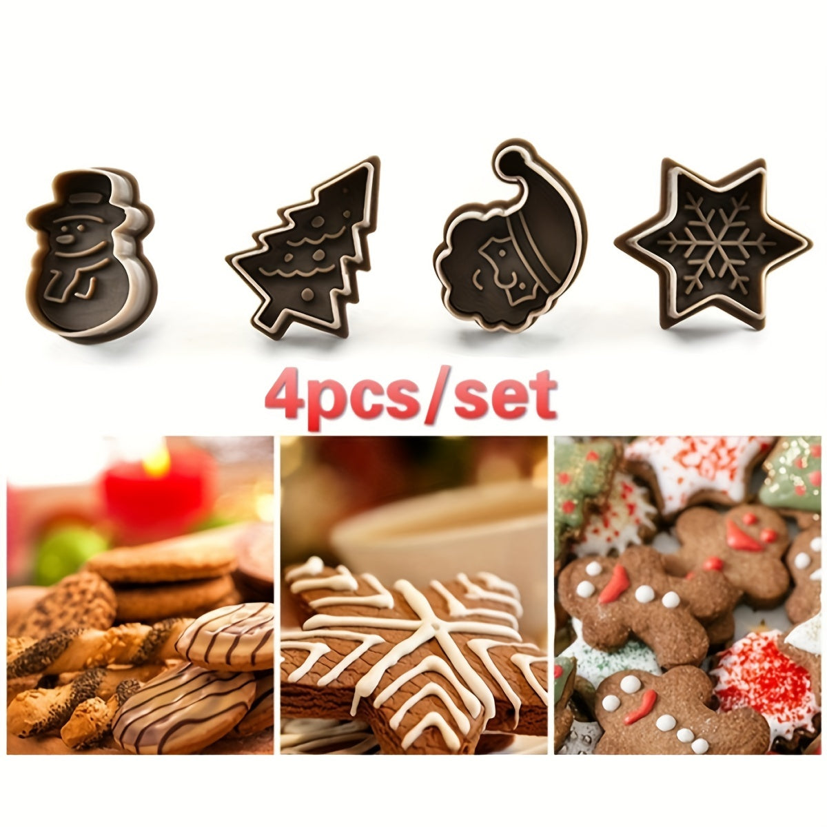Christmas Cookie Cutter Set 4 Designs Snowman Snowflake Tree Santa Durable PS Material