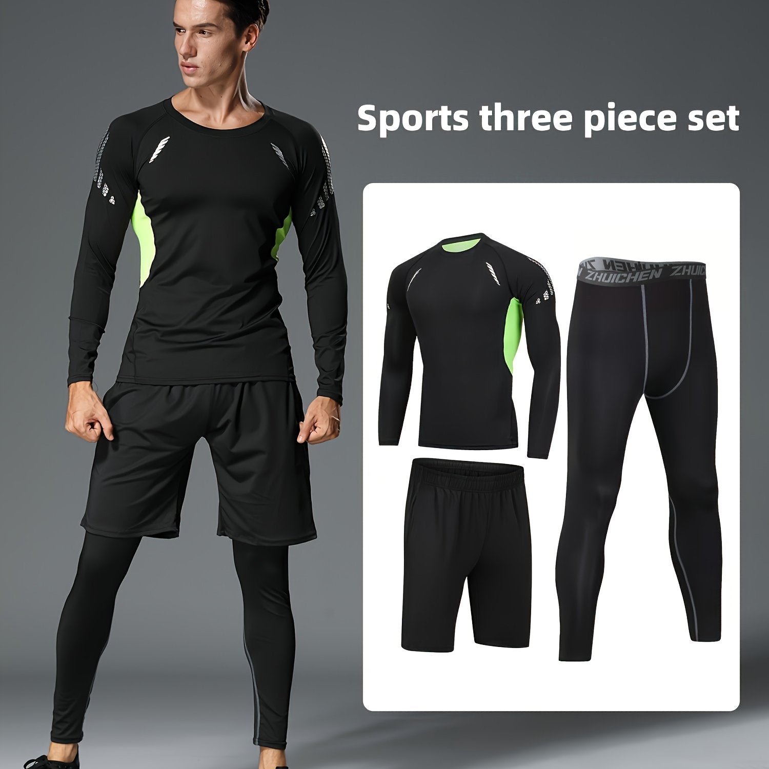 Men's Athletic Set Quick-Dry Polyester Crew Neck Top and Leggings for Running Training and Sports