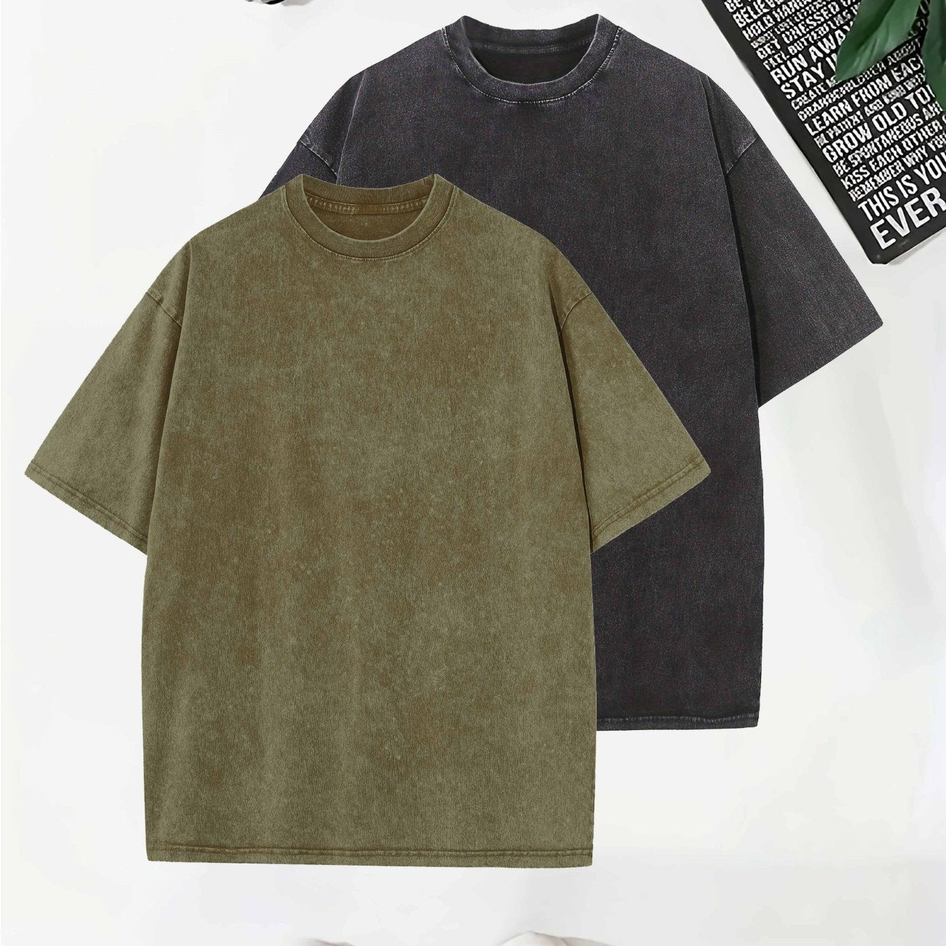 Men's Vintage Washed Cotton T-Shirts Pack Short Sleeve Crew Neck Drop Shoulder Casual