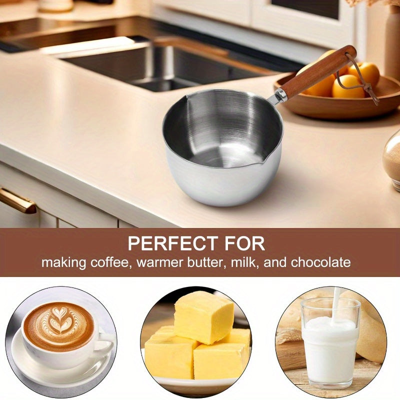 Stainless steel milk warmer with wooden handle for coffee and liquids