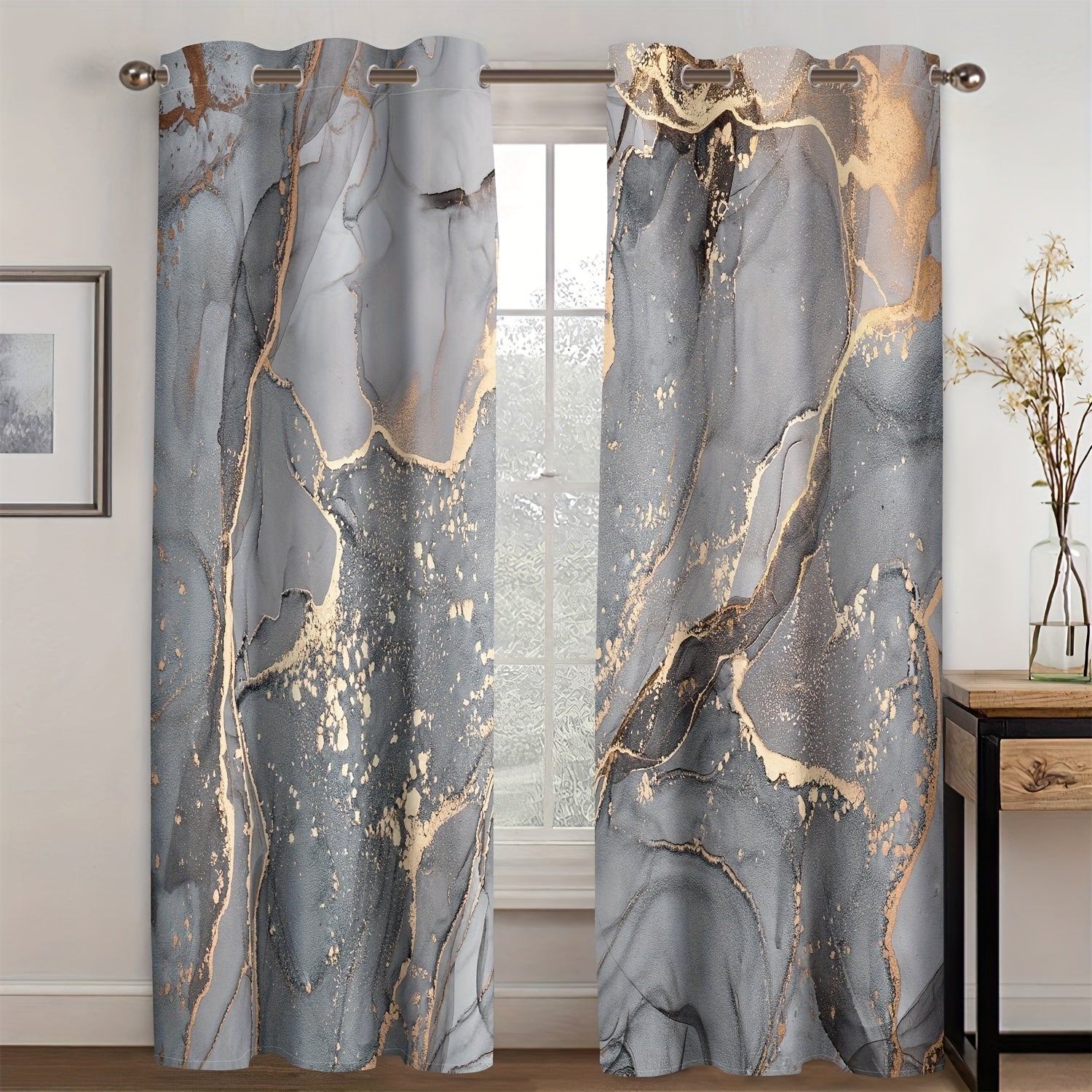 Nordic-Inspired Marble Curtains with Gold Veins Semi-Transparent Polyester Living Room Decor