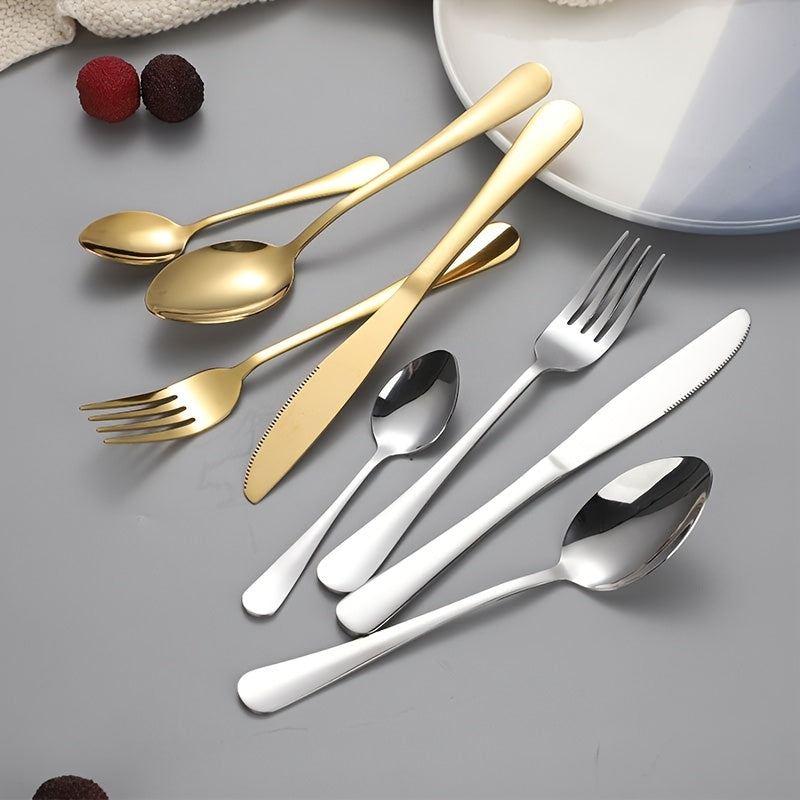 24-Piece Golden Stainless Steel Cutlery Set with Metal Stand for Home Restaurant Party