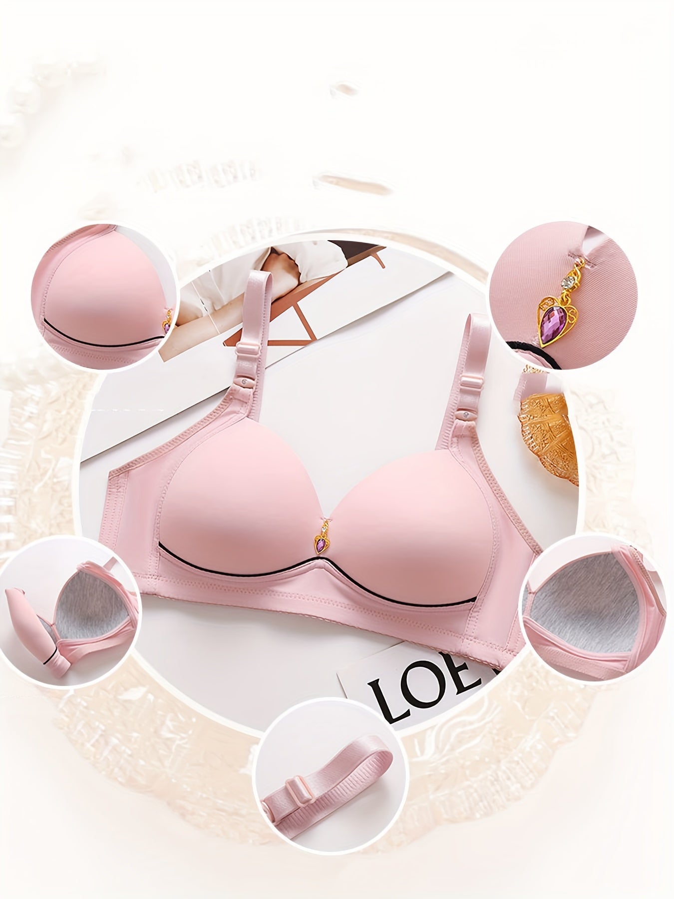Large Size Breathable Nylon Push-Up Bras for Women No Underwire Rhinestone Details