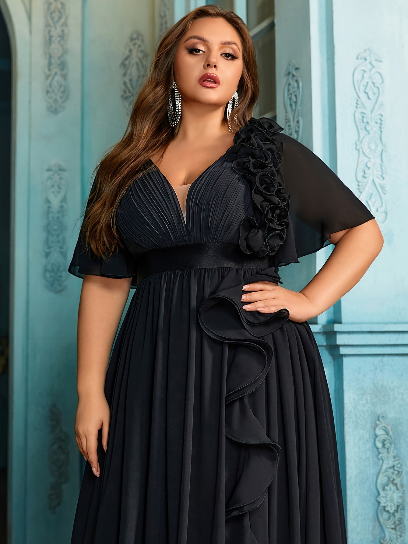 Plus Size Black Maxi Dress with V-Neck Ruffle Sleeves and Lace Details for Evening Events