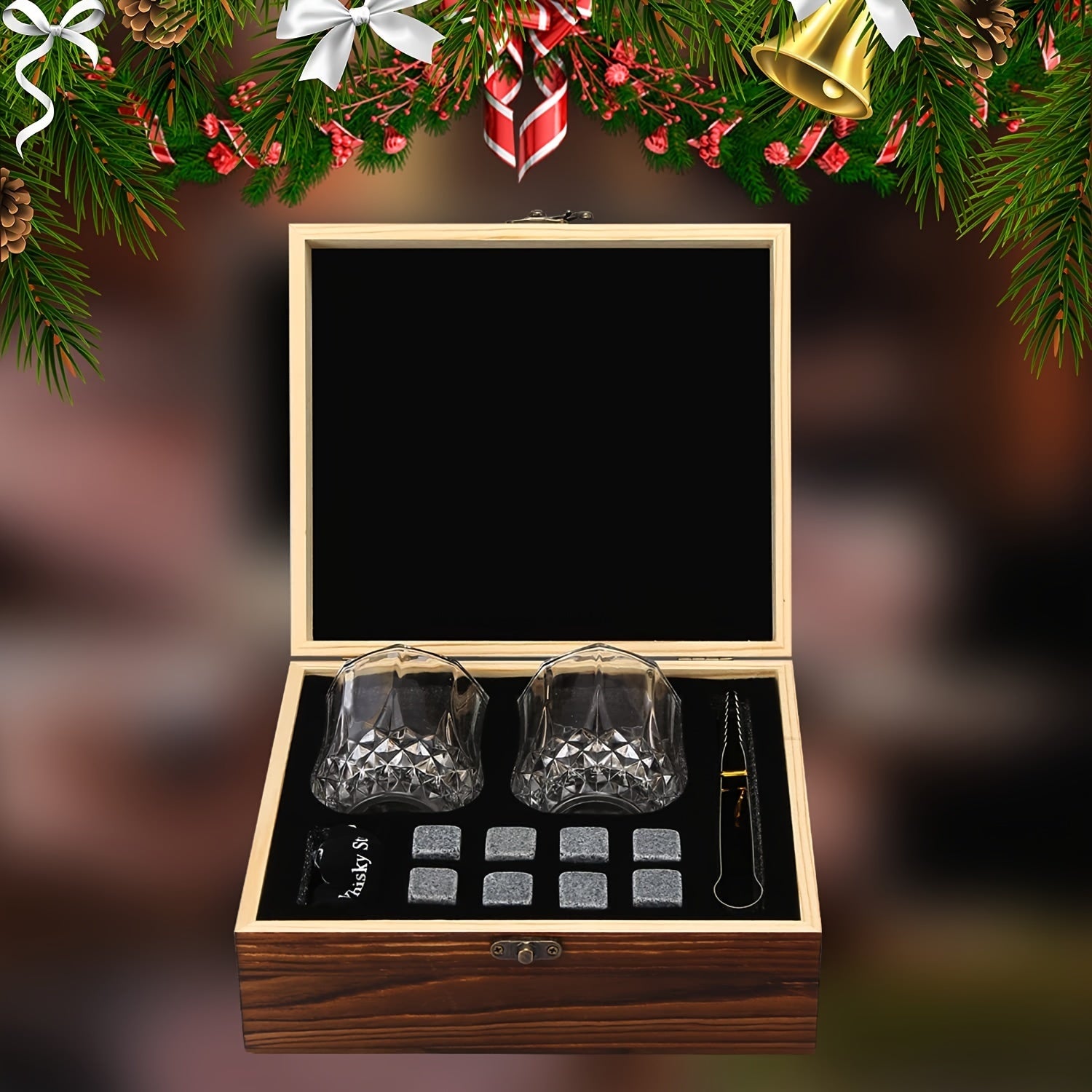 Whiskey Gift Set with Stones Tumbler and Chilling Rocks in Wooden Box for Men