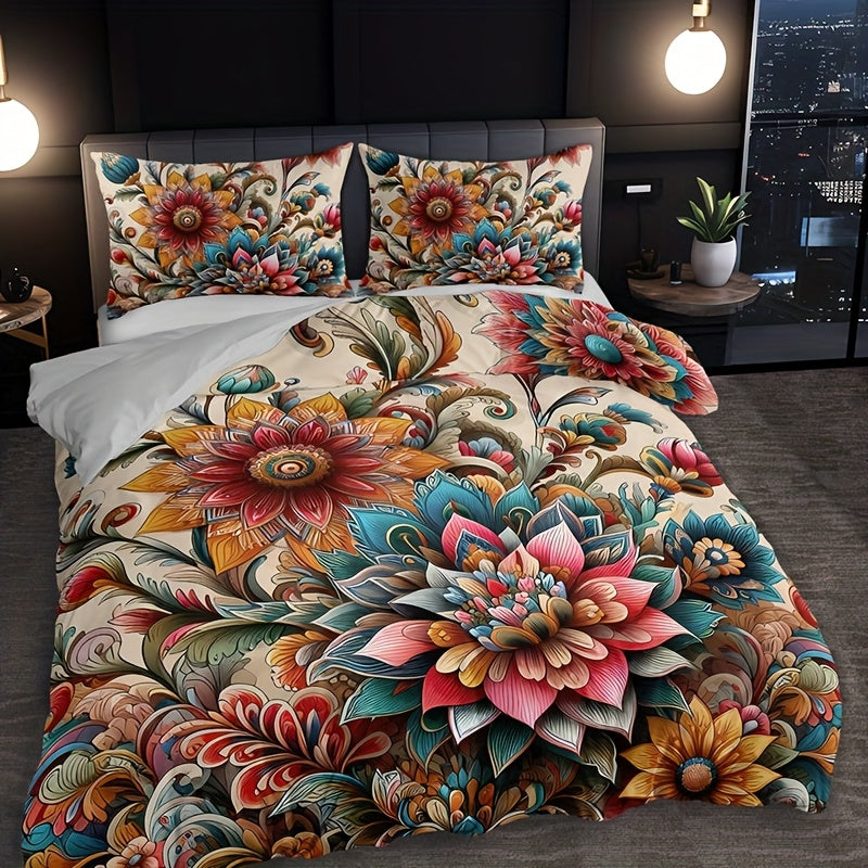 Conjunto de ropa de cama bohemia con mandala floral, 3 piezas, funda nórdica y fundas de almohada