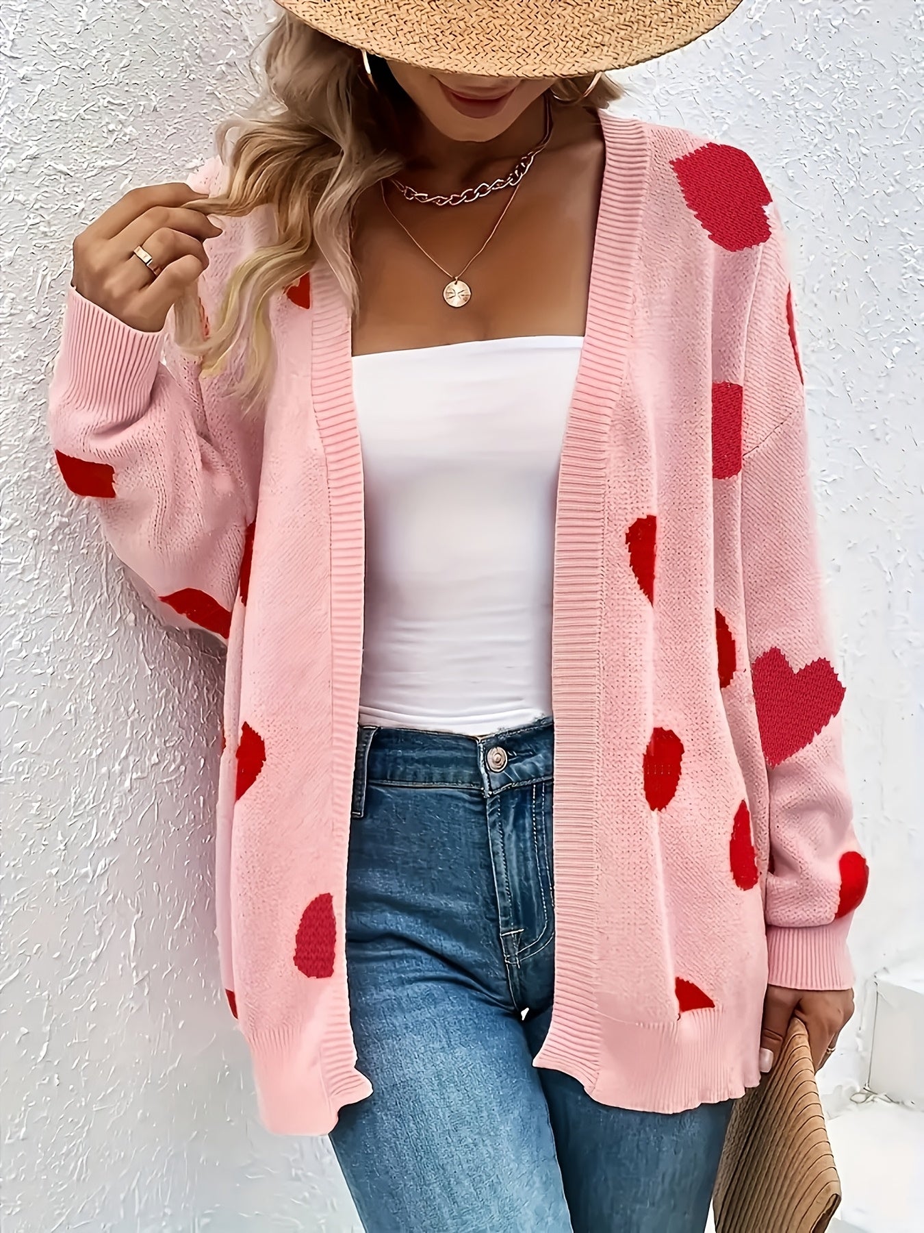 Plus Size Women's Pink Heart Pattern Cardigan Long Sleeve Open Front Sweater