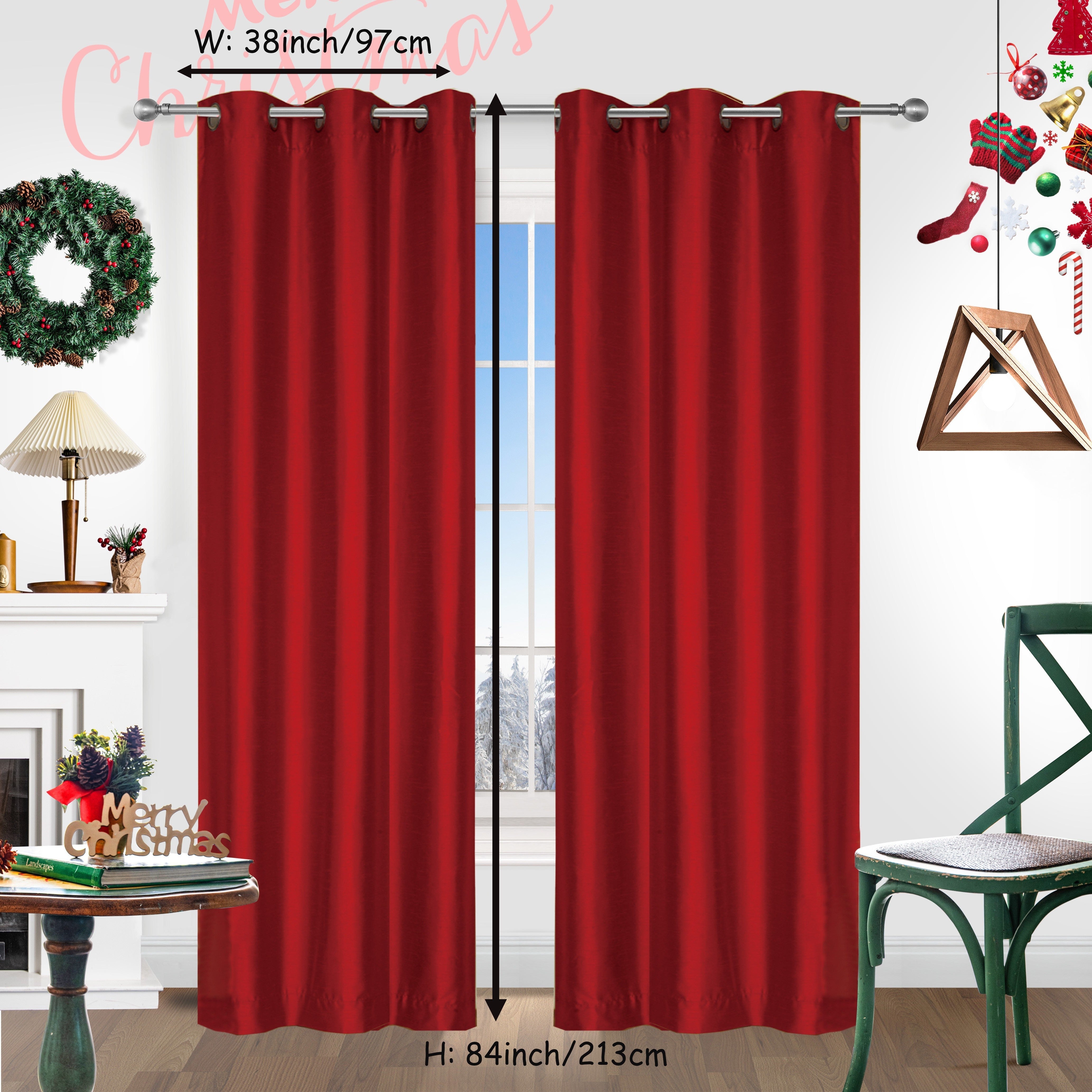 Red Christmas Curtains 2 Pieces Faux Silk Grommet Top for Living Room Bedroom Office