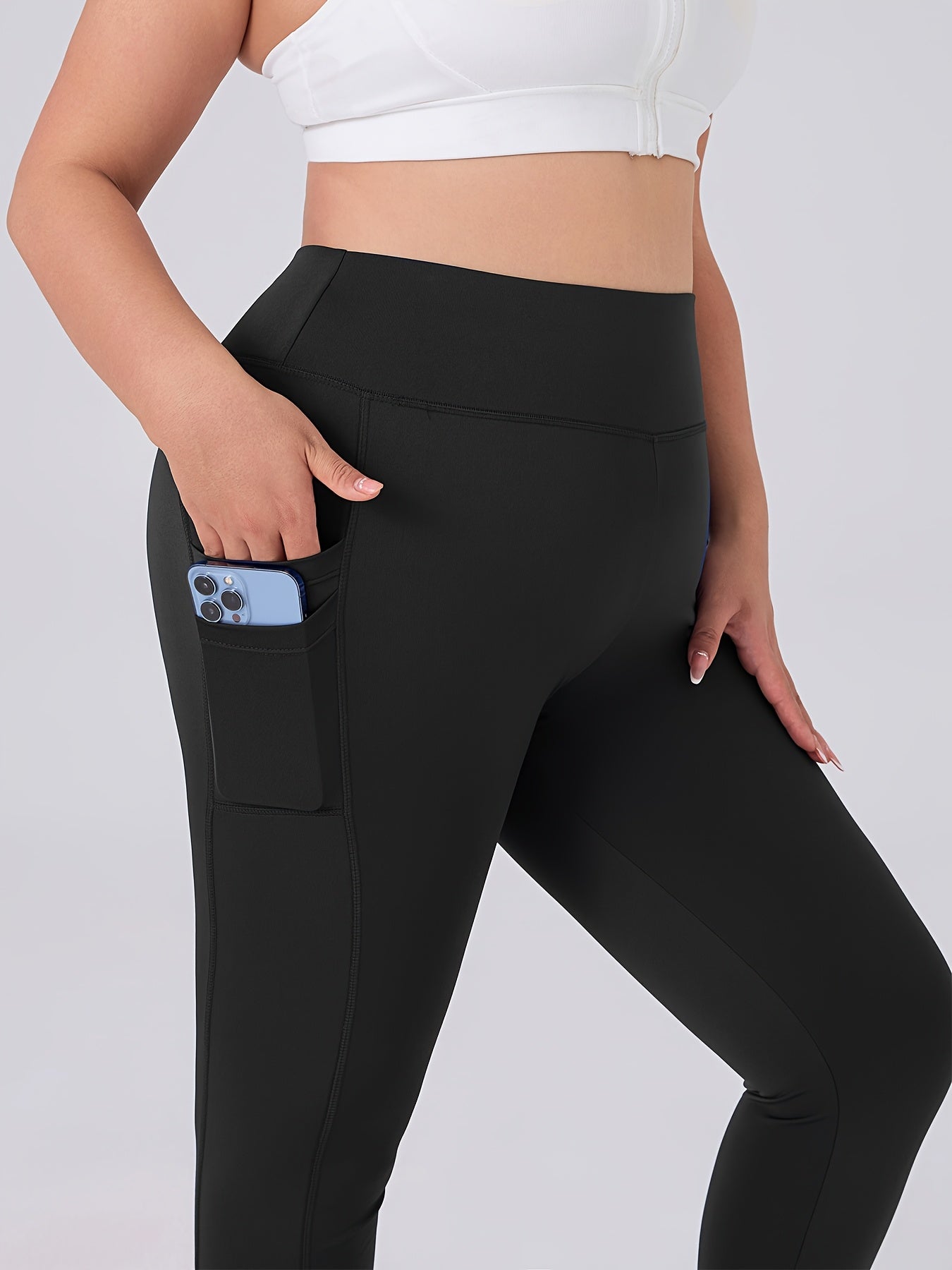 Plus Size Women Solid High-Waisted Leggings Stretchy Pockets Casual