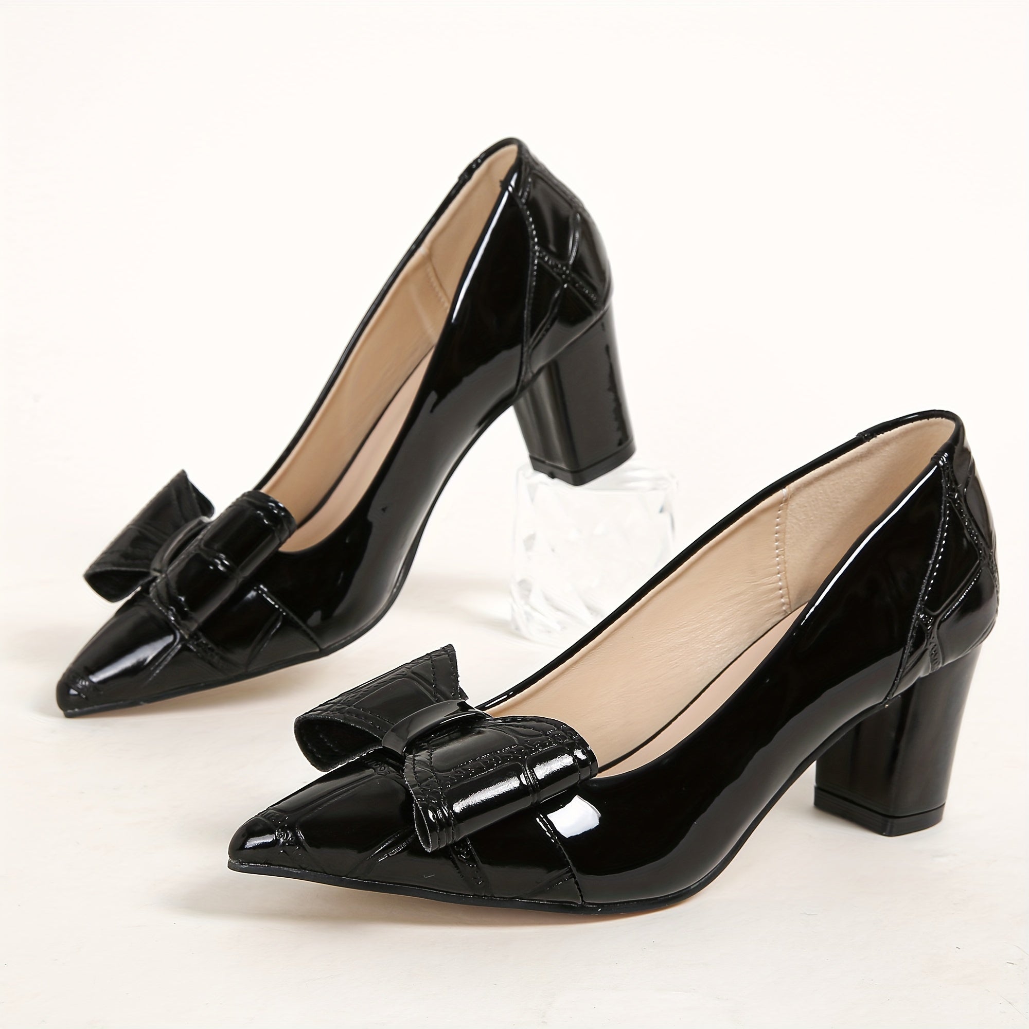 Women’s Bowknot Chunky High Heels Pointed Toe Slip-On Pumps All-Day Work Shoes