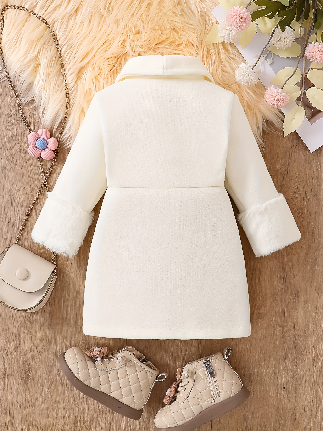 Girls Winter Coat with Faux Fur Trim Plush Lining Lapel Collar Solid Color