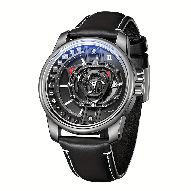 Men's Automatic Mechanical Watch Stainless Steel Hollow Waterproof 50m Leather Rotor