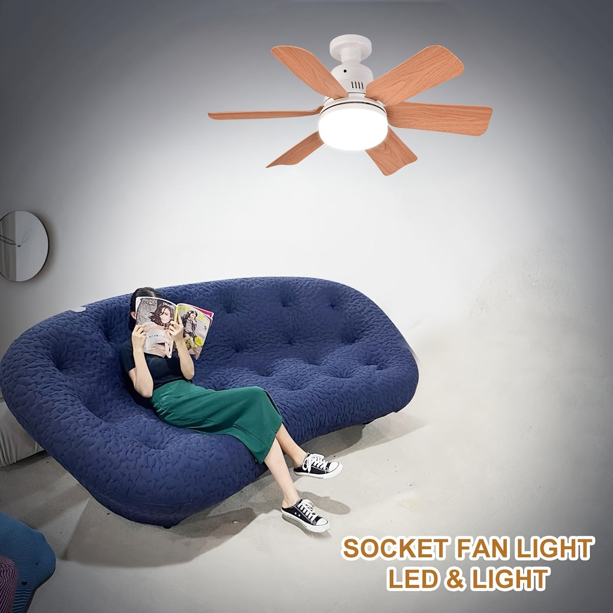 Wood Grain Ceiling Fan Light with Remote Control 5 Wooden Blades Cool Warm Light Modes