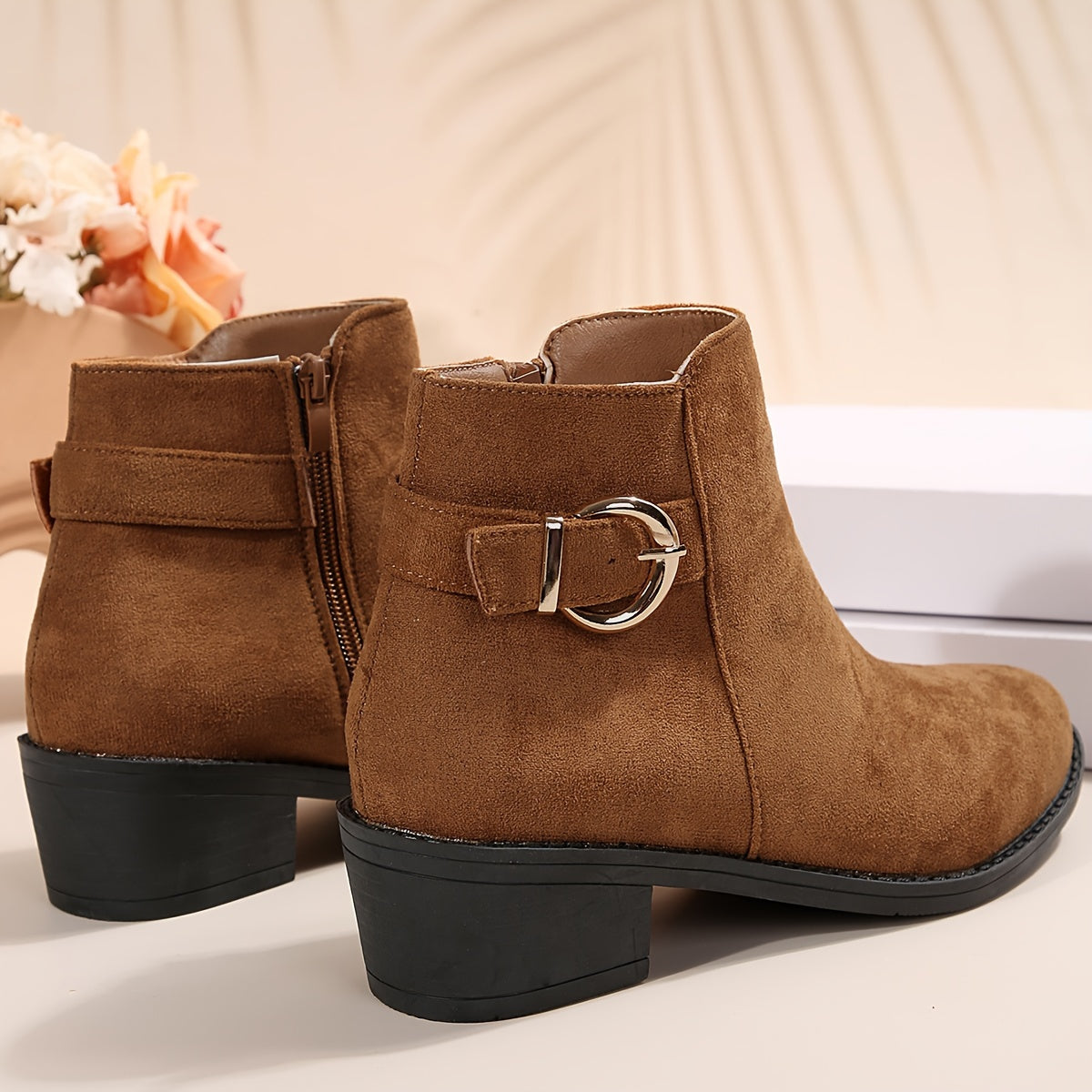 Women's Brown Corduroy Ankle Boots with Chunky Heel and Side Zipper