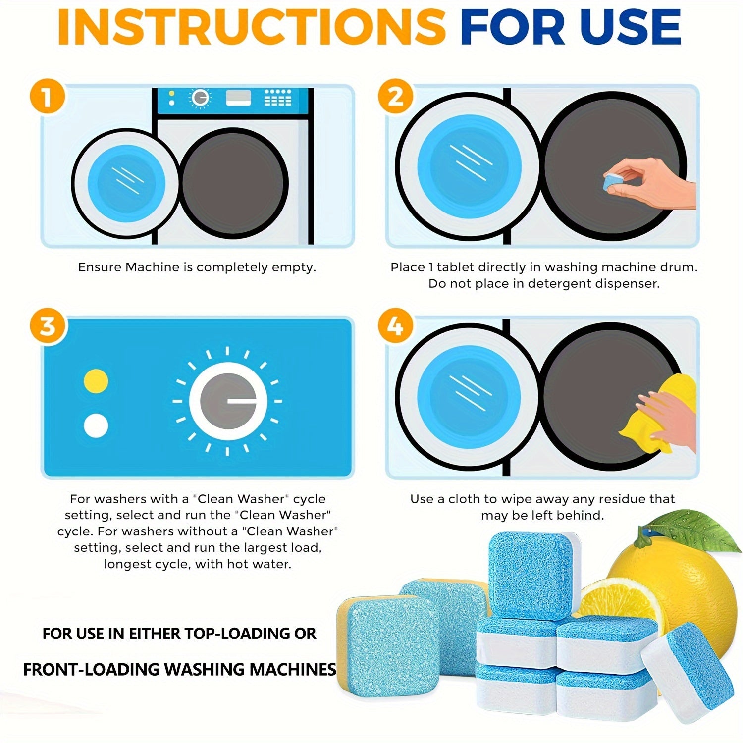 All-in-One Lemon Scent Washing Machine Cleaner Tablets 5/25/35pcs Deep Cleaning Detergent for Front and Top Load Machines