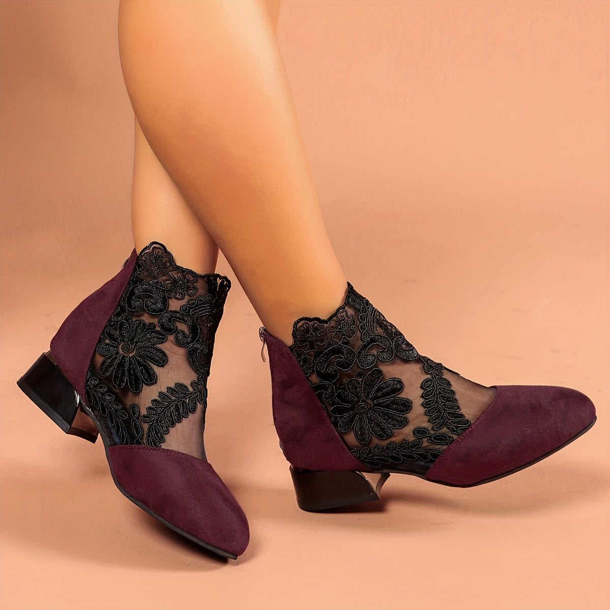 Women's Floral Embroidered Ankle Boots Black Mesh Zipper Mid-Heel