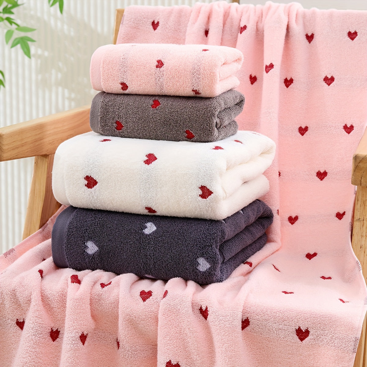 Heart Pattern Cotton Bath Towel Absorbent Quick-Drying Soft Thick for Home Bathroom