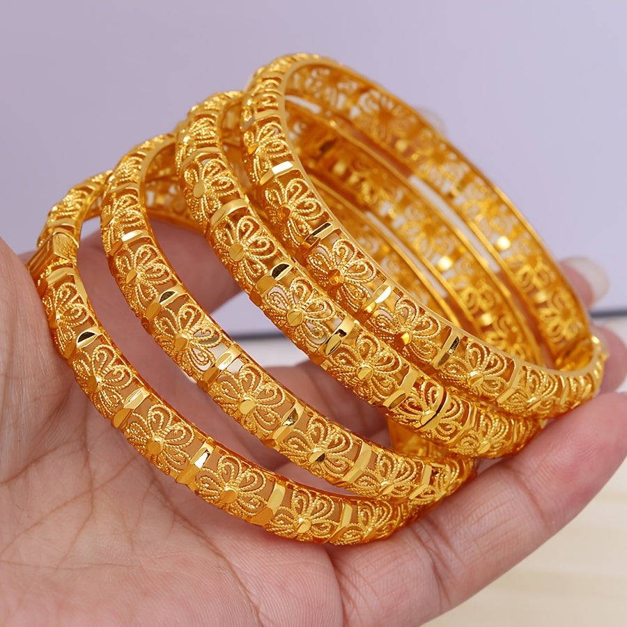 Vintage Boho uslubidagi bangle bilaguzuk, 3D gullar o'yilgan - to'ylar va partiyalar uchun ideal, mis va sun'iy toshlardan tayyorlangan, nafislikni tarqatadi.