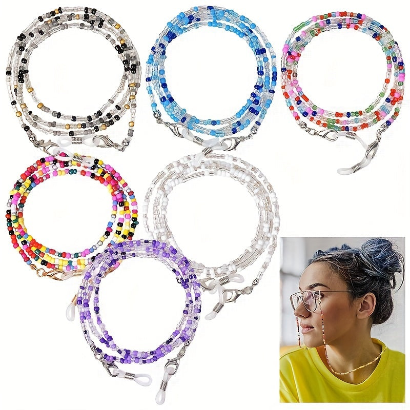 Set of 6 Beaded Eyewear Chains with Anti-Slip Feature for Glasses and Masks in Vibrant Colors