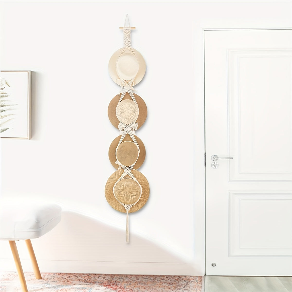 Organizador de pared de cuerda de algodón trenzado para sombreros y decoración de habitación con borlas