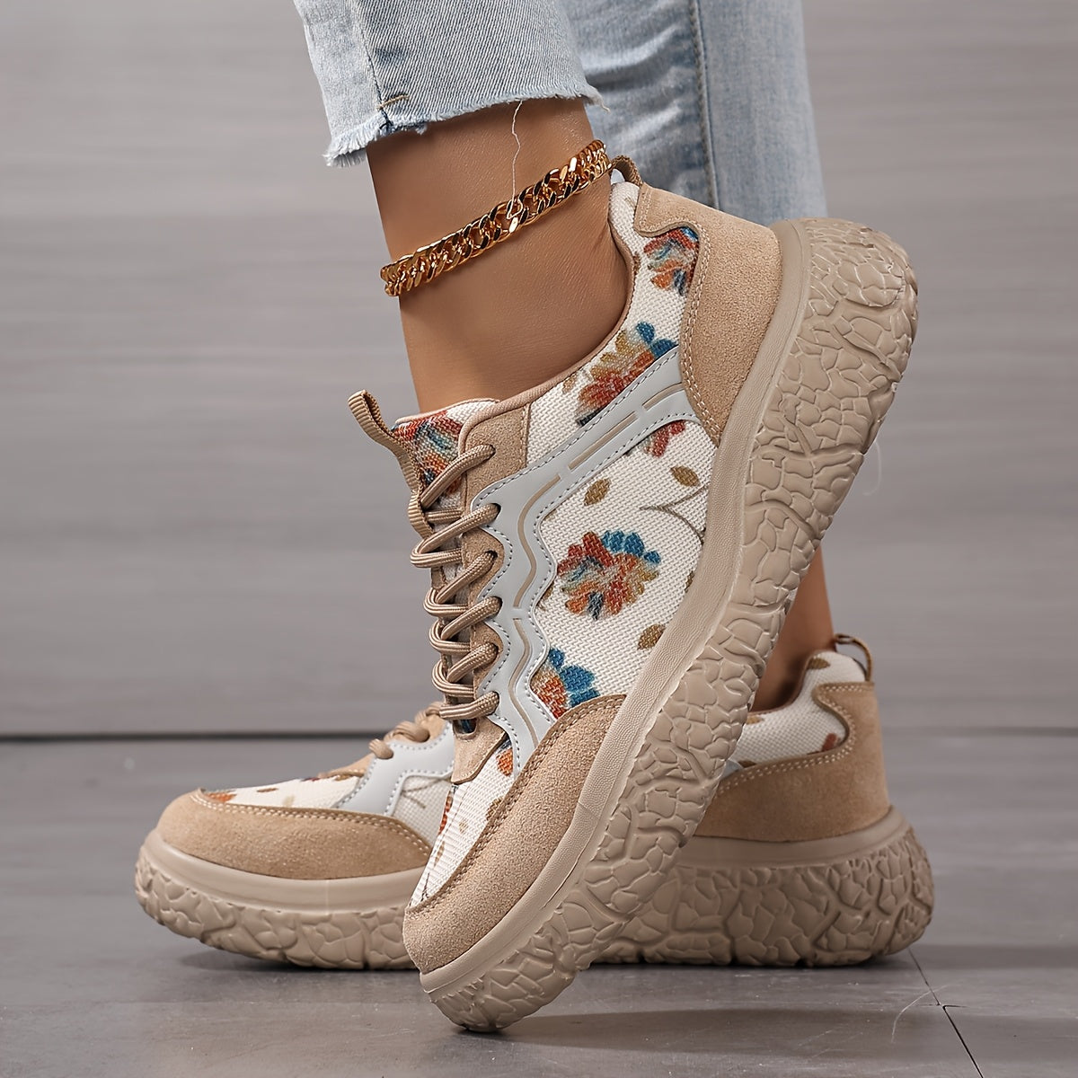 Women's Casual Floral Lace-Up Sneakers Lightweight Breathable Mesh Outdoor Shoes