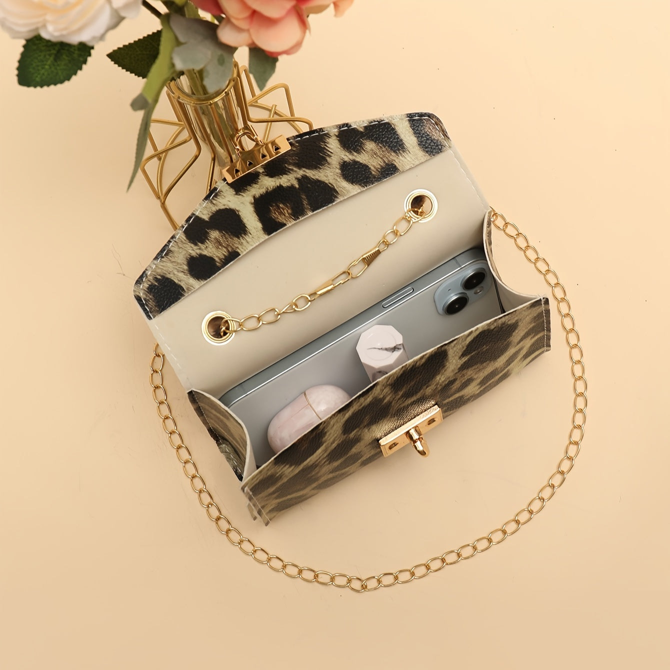 Furry Chain Crossbody Bag with Animal Print and Removable Strap for Daily Use