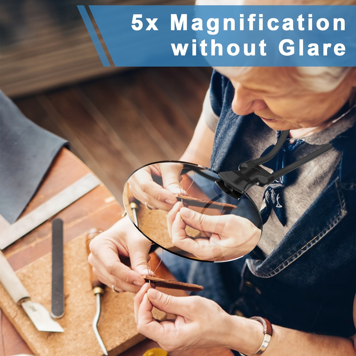 5X kattalashtiruvchi shisha, 13.0 sm linzasi va qo'lni bo'sh qo'yish uchun sozlanadigan bo'yin tasmasi bilan, o'qish, tikish, qo'l san'atlari va kross tikish kabi faoliyatlar uchun mukammal, keksa insonlar uchun. Batareya talab qilinmaydi.