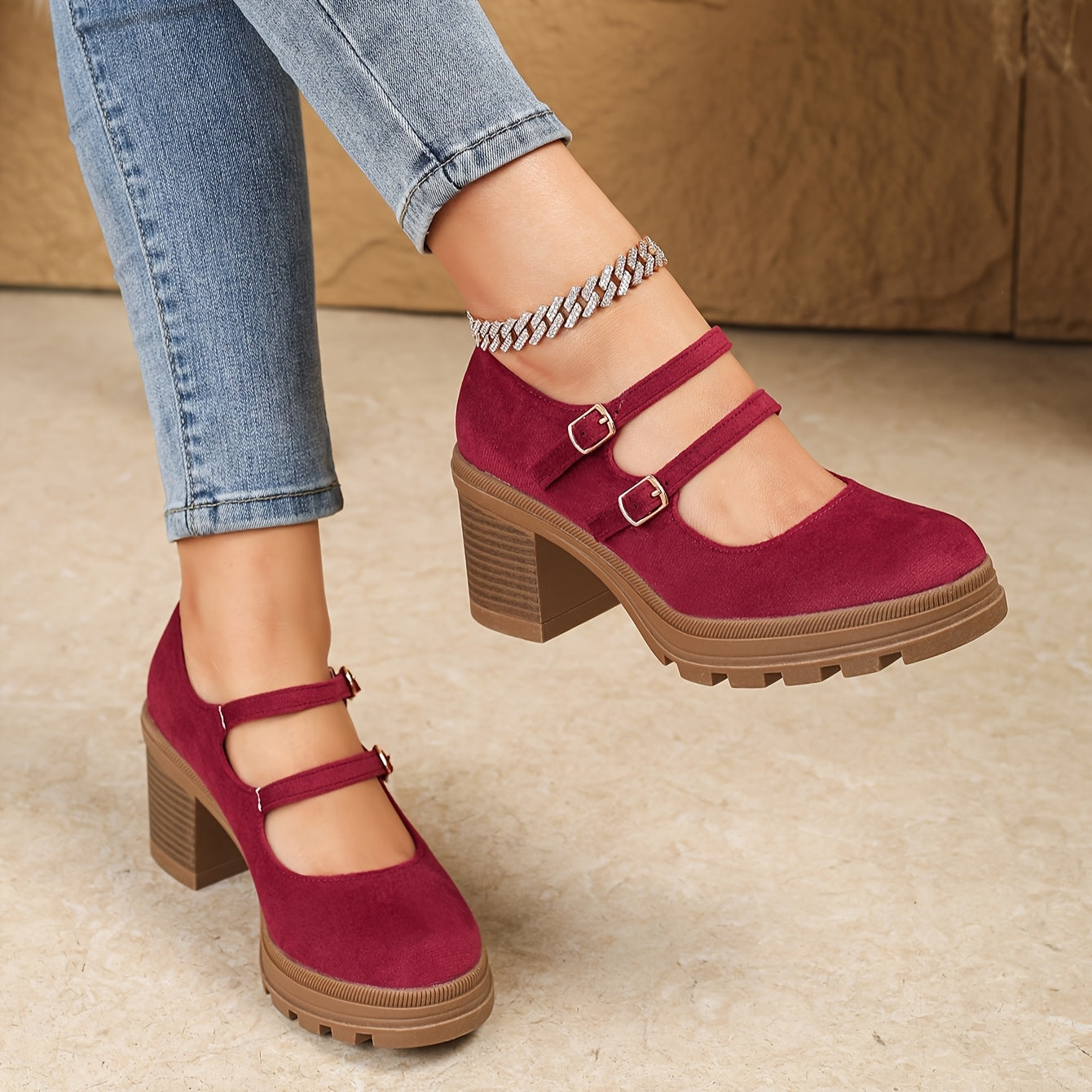 Women's Retro Chunky Heel Mary Jane Dance Shoes Beige Platform Slip-On Loafers