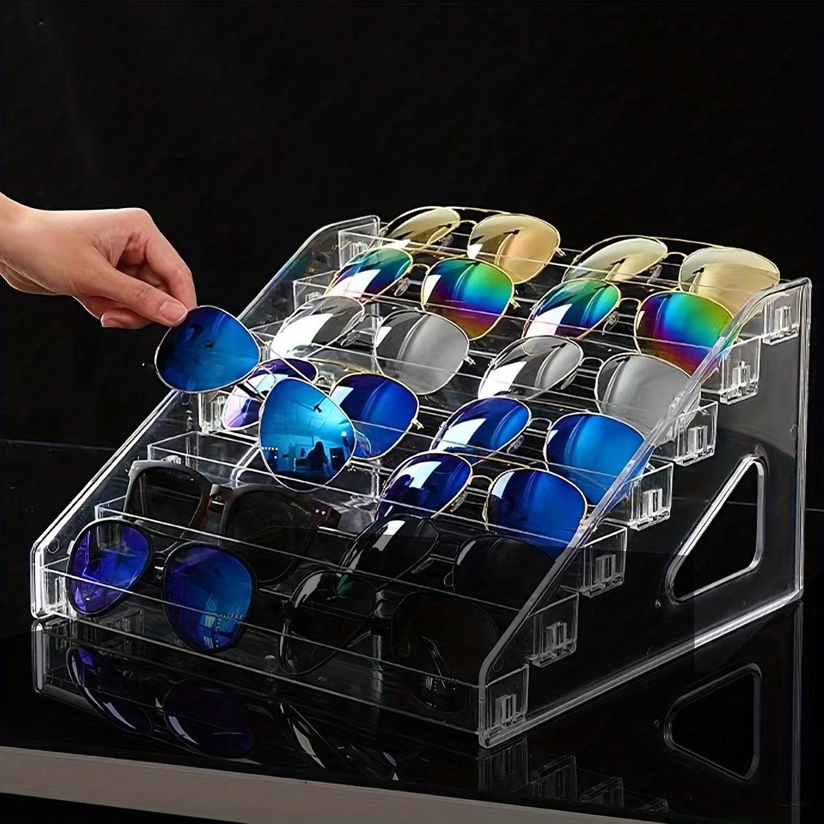 Soporte de exhibición de gafas de acrílico para gafas y cosméticos, estante de almacenamiento en niveles