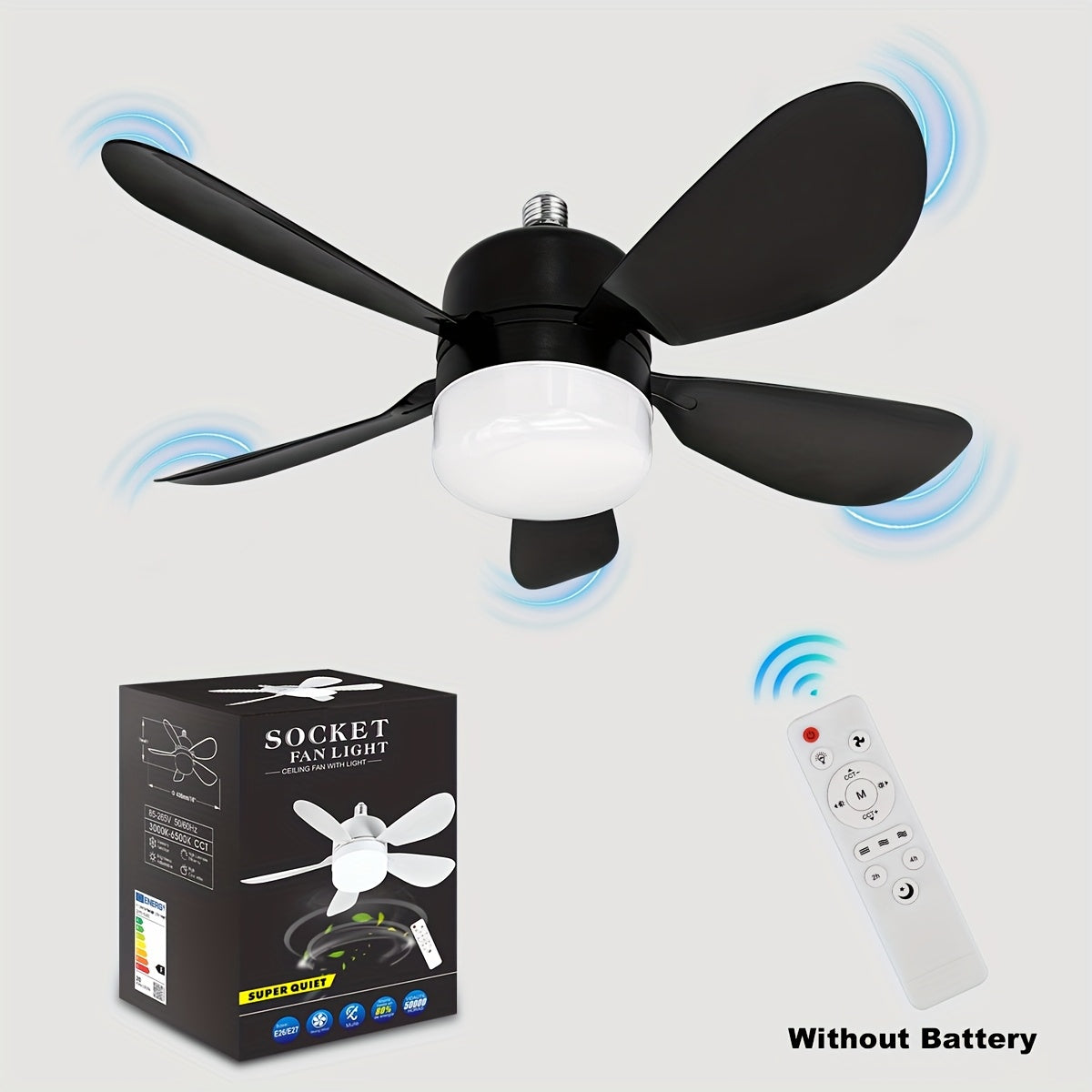 Black LED Ceiling Fan Light with 5 Blades, E26/E27 Socket, Adjustable Speed