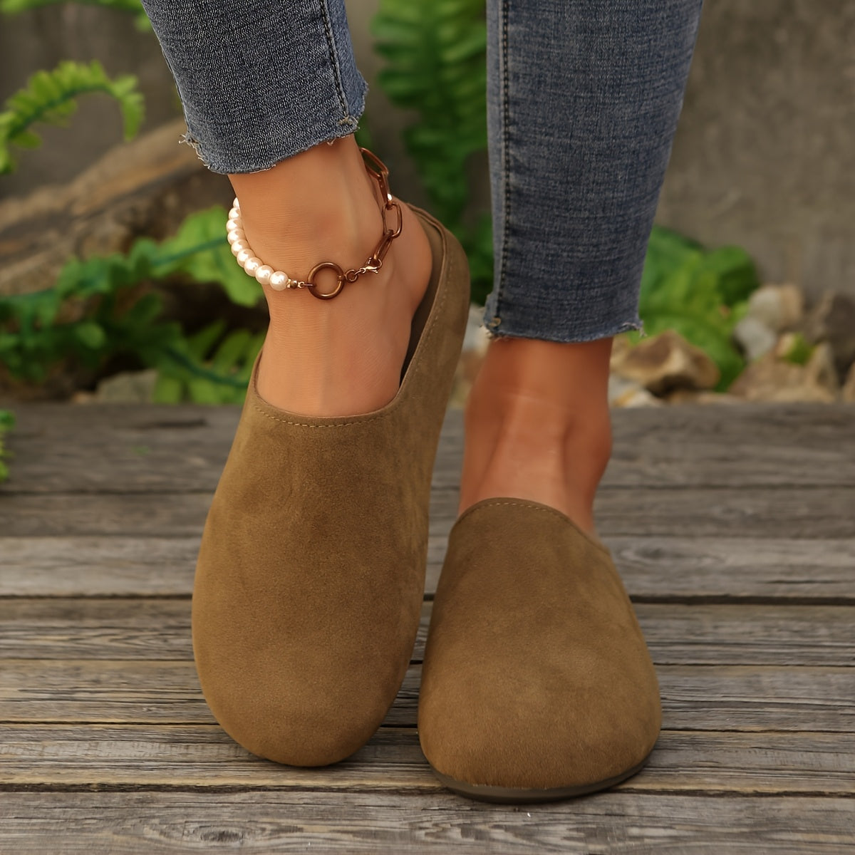 Women's Faux Cover Mules with Arch Support and Non-Slip Sole in Beige