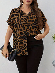 Plus Size Leopard Print V-Neck Batwing Sleeve Shirt for Women All-Season Casual Workwear