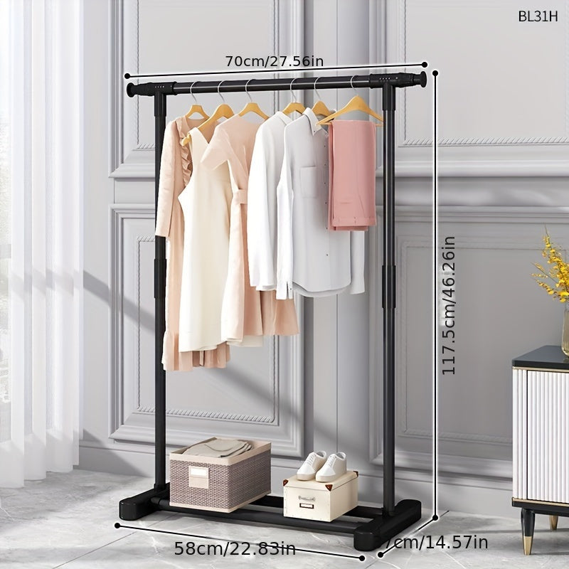 Metal Clothes Rack with Shelf and Hooks for Bedroom and Balcony Storage