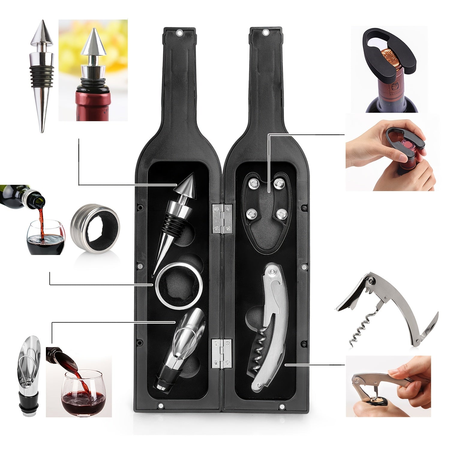 Portable Wine Opener Set Metal and Plastic No Electricity Gift for Holidays
