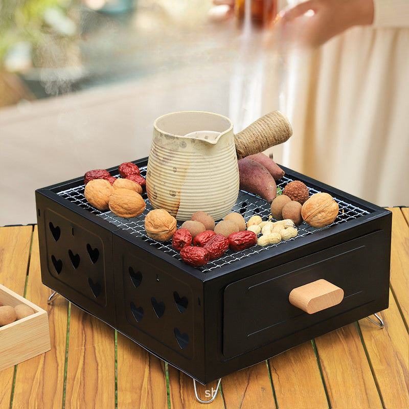 Portativ kvadrat BBQ grill, yopishmaydigan qoplama bilan - Kamping, uy va ochiq havoda pishirish uchun ko‘p maqsadli ko‘mir pechasi. Stainless steel konstruktsiya, choy qaynatish va go‘sht grill qilish uchun ideal.