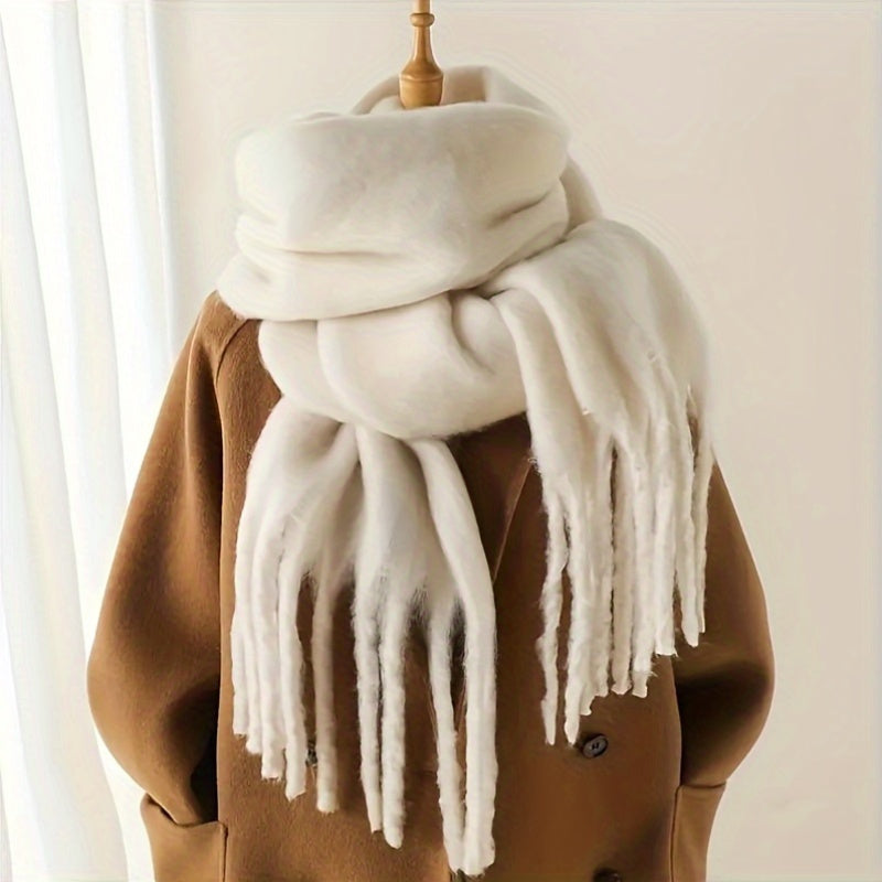 Women's Polyester Scarf Winter Warm Windproof Solid Color Fringe