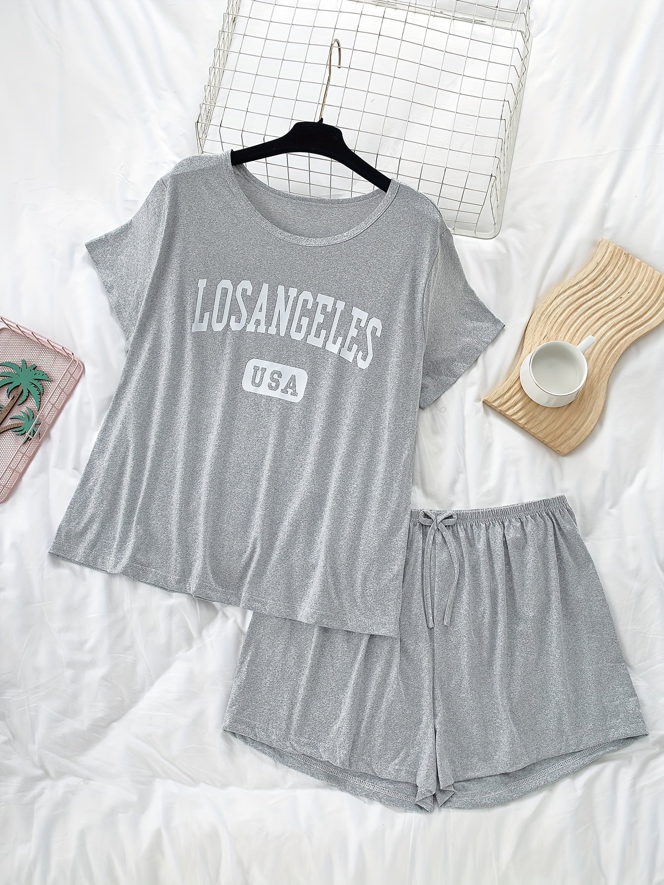 Women's Plus Size Casual Pajama Sets Short Sleeve Top and Shorts 6-Piece Letter Plaid Print