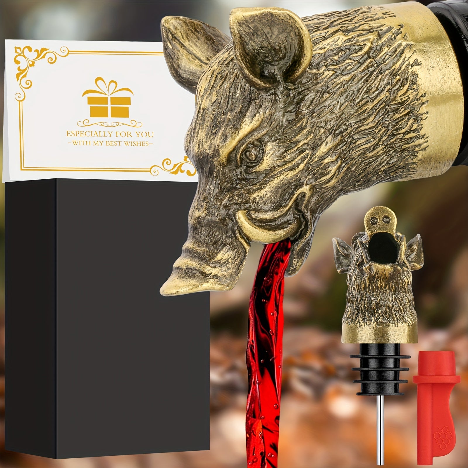 Wild Boar Head Wine Pourer with Versatile Spout Stopper and Vacuum Seal