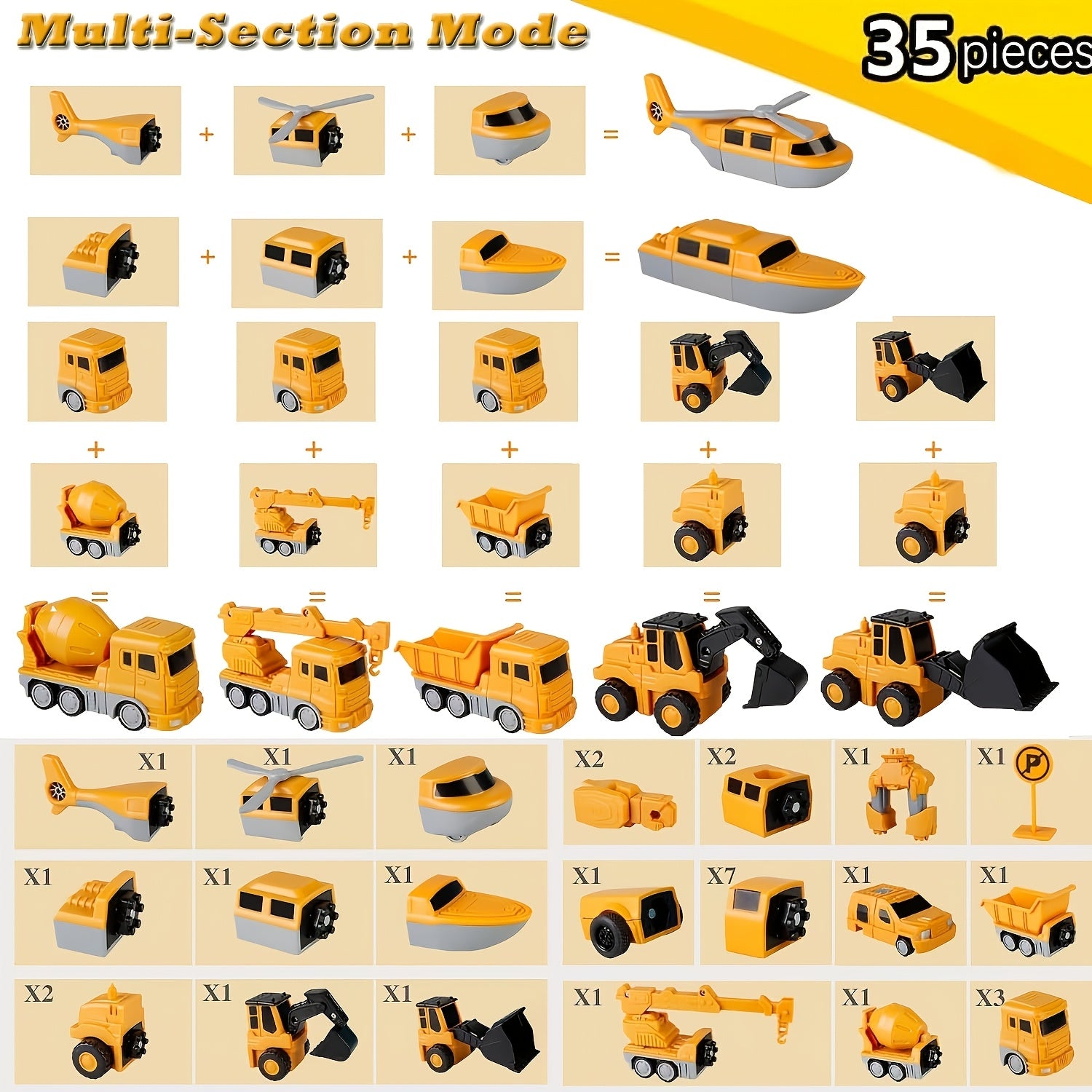 Magnetic Engineering Cars Building Blocks Set for Kids 3-8 Yellow Durable Plastic