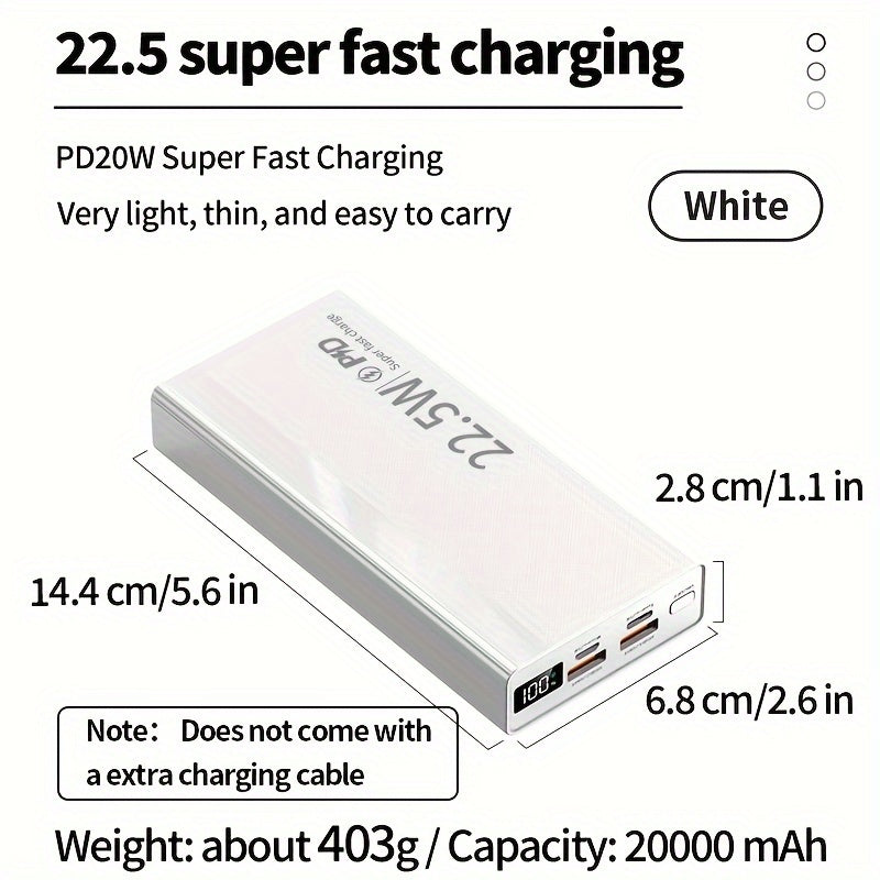 30000/20000/10000 mAh Ultra-ingich Portativ Quvvat Banki, 22.5W Tez Zaryadlash, iPhone/Android qurilmalari uchun LED Quvvat Ko'rsatkichi, USB/Type-C/mikro interfeyslari bilan Favqulodda Quvvat Zaxirasi.