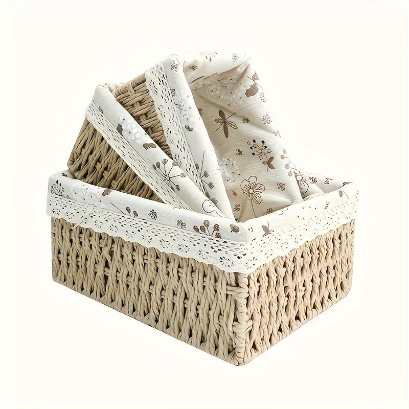 Set of 3 Handmade Rattan Storage Baskets with Lace Accents for Cosmetics and Sundries