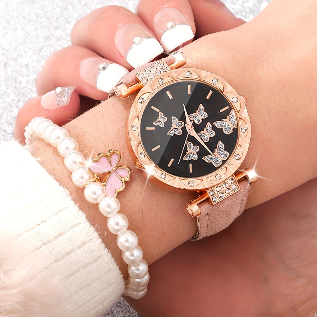 Set of 6 Women's Elegant Butterfly Rhinestone Quartz Watches with Leather Bands and Jewelry