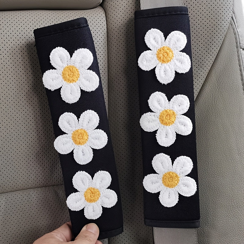 Women's Ice Slicky Fiber Flower Car Seat Belt Cover Set for Interior Decoration