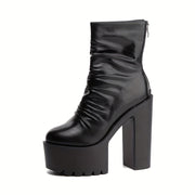 Women's Black Block Heeled Boots Round Toe Zipper Platform Shoes