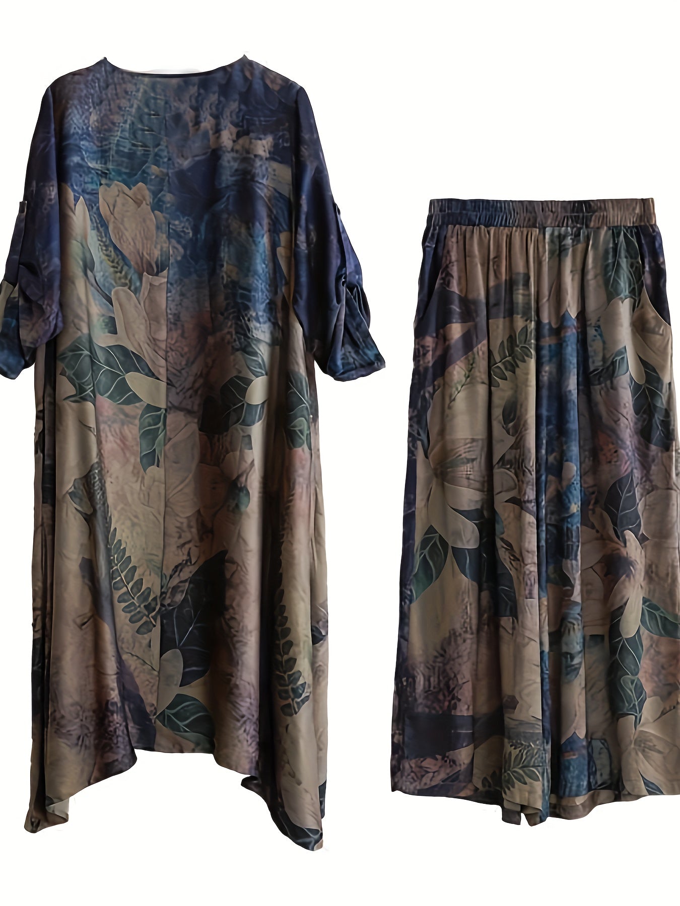 Plus Size Women's Floral Polyester Suit with Crew Neck and Woven Fabric