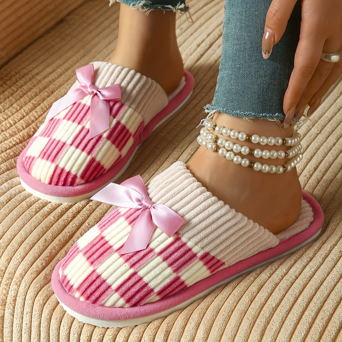 Women's Checkered Knit Slippers with Bow Non-Slip Sole Indoor Comfort